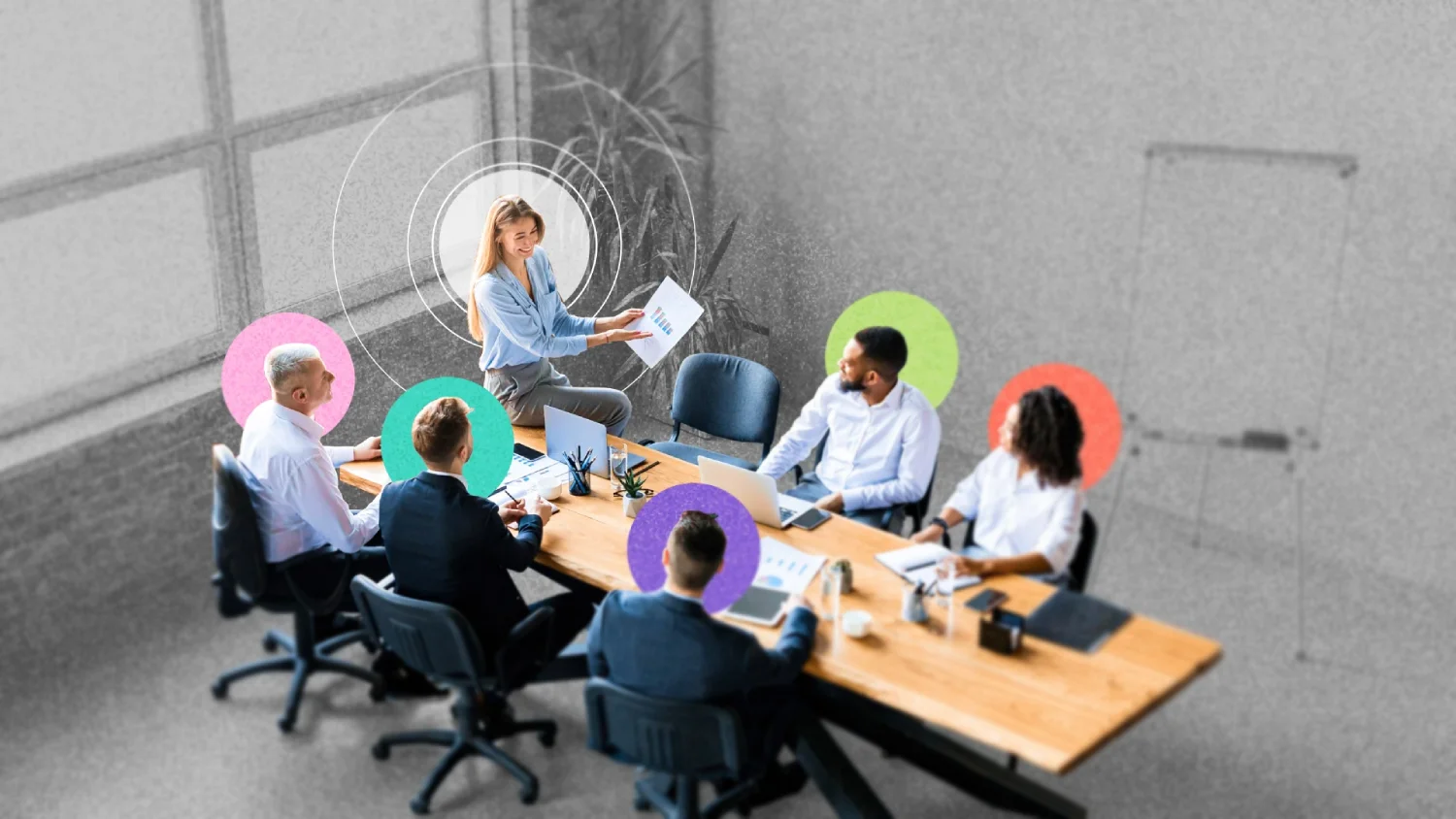 Team presentation in a modern conference room, woman presenting with documents to colleagues; colorful circular overlays.