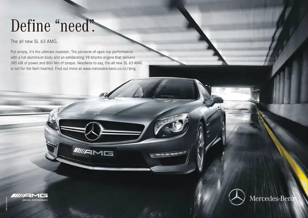 Mercedes-Benz AMG high-performance luxury sports car ad with AMG badge and Mercedes-Benz branding.