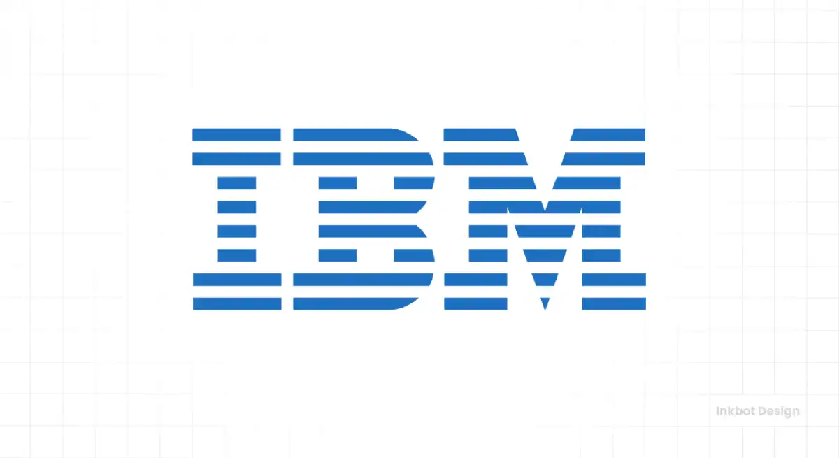 IBM striped blue wordmark, geometric horizontal bars in retro corporate style; watermark Inkbot Design.