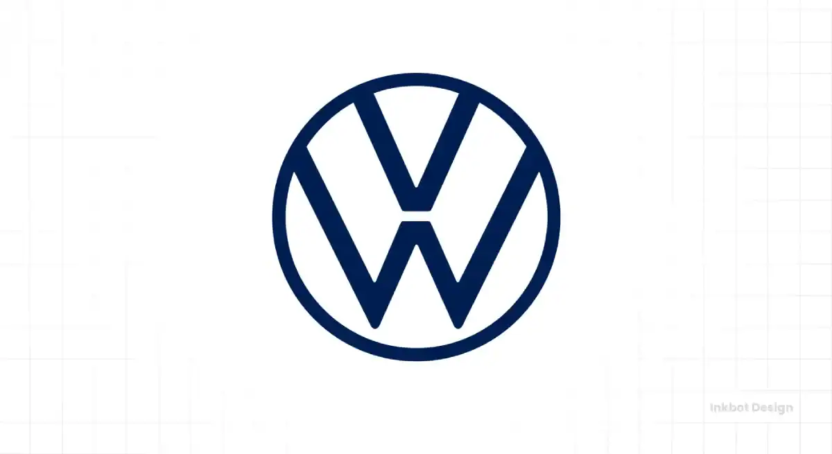 Volkswagen logo, circular navy VW emblem with bold intertwined letters, minimal modern design.