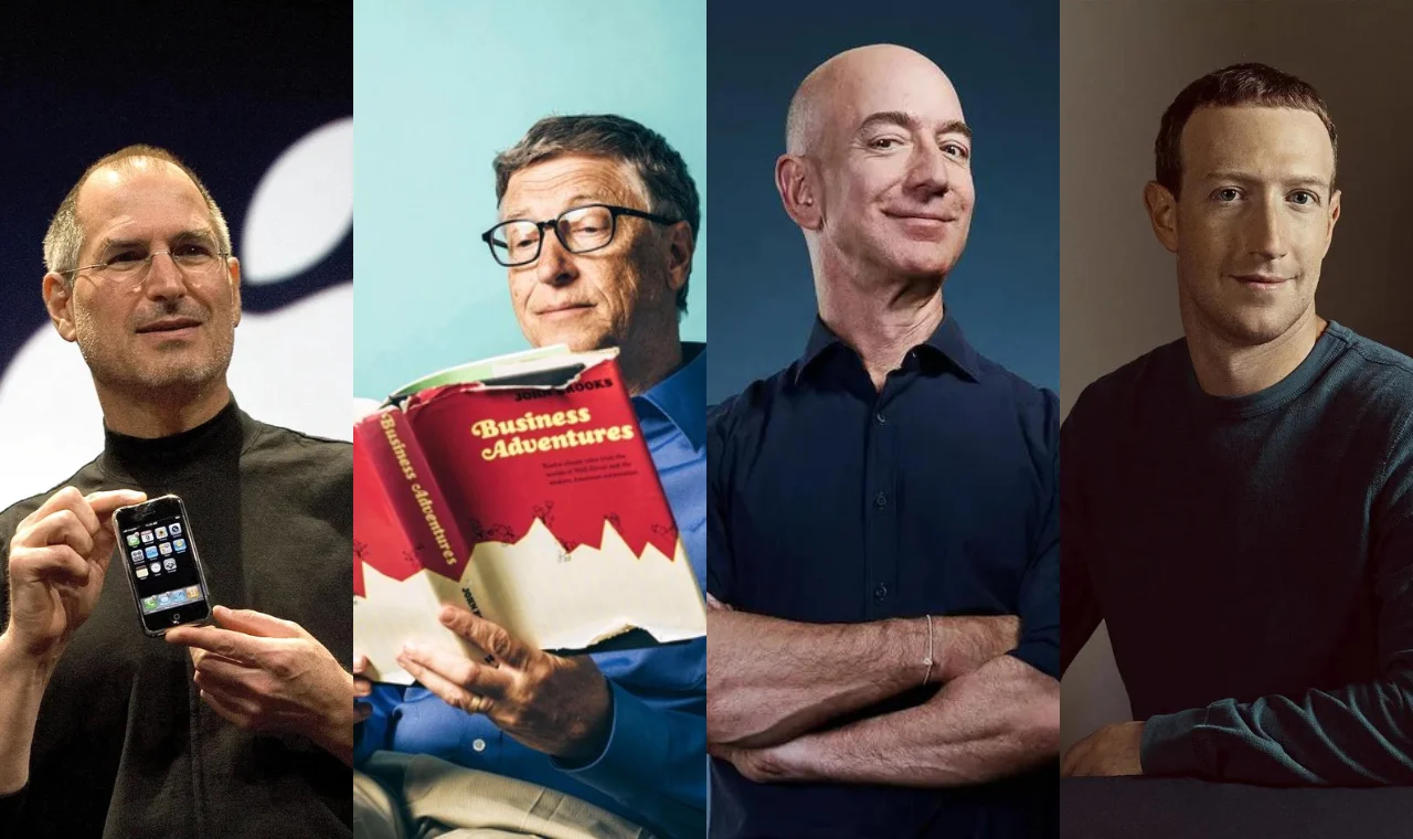 Apple, Microsoft, Amazon, Meta collage featuring four tech leaders in distinct poses and styles.