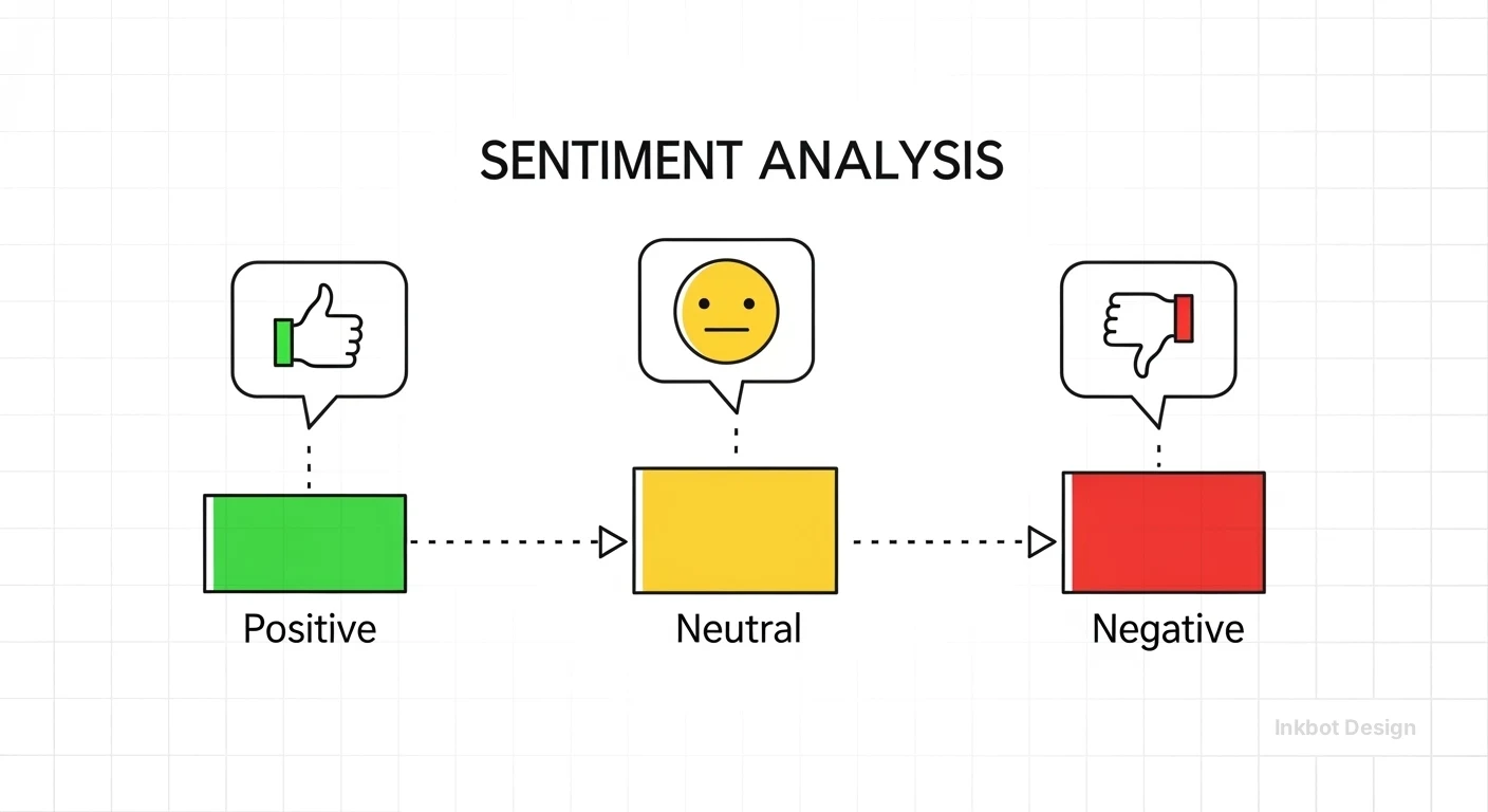 SENTIMENT ANALYSIS diagram with Positive, Neutral, Negative colors and thumbs up, neutral face, thumbs down; Inkbot Design.