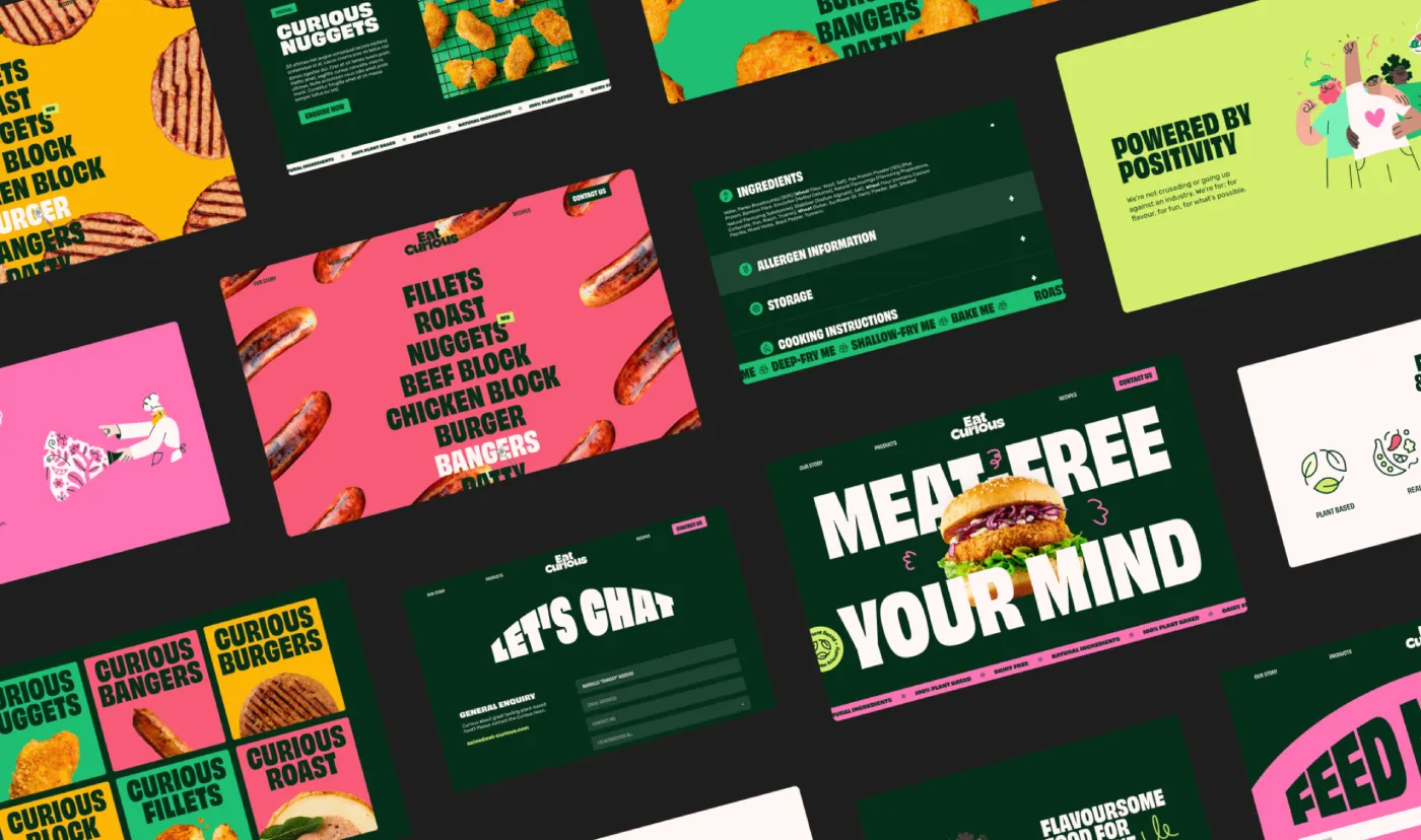 Curious Burgers bold colorful collage showcasing vibrant marketing layouts, bold type, and illustrated food elements.