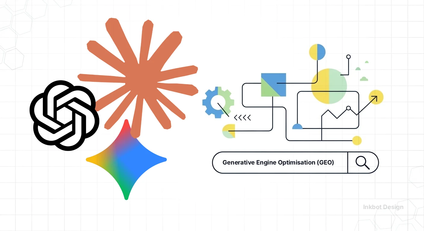 Generative Engine Optimisation (GEO) abstract infographic with gears, circuits and color shapes by Inkbot Design.