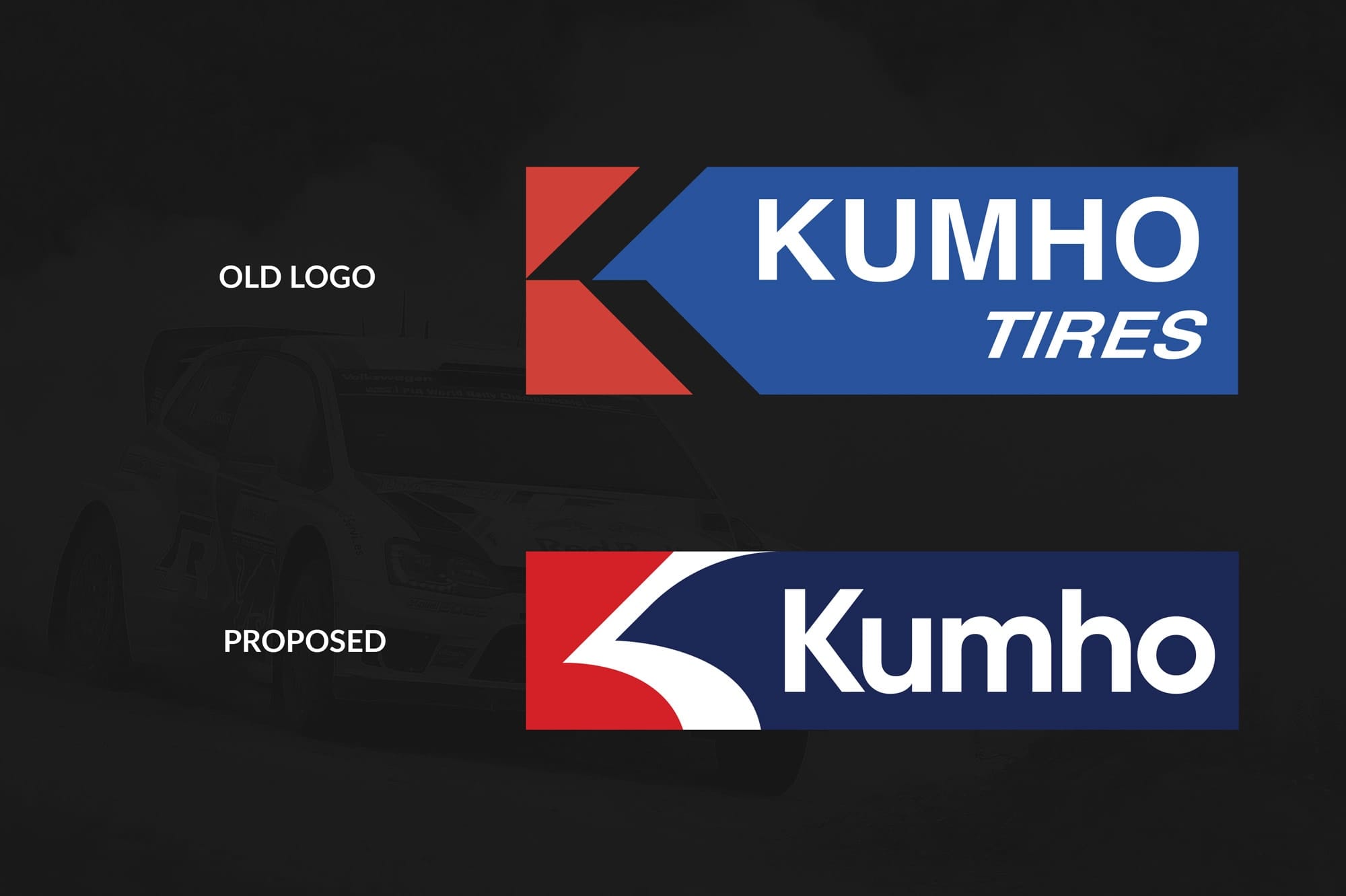 Kumho Tires KUMHO TIRES logo; Kumho proposed logo with red curved motif on blue and red panels.