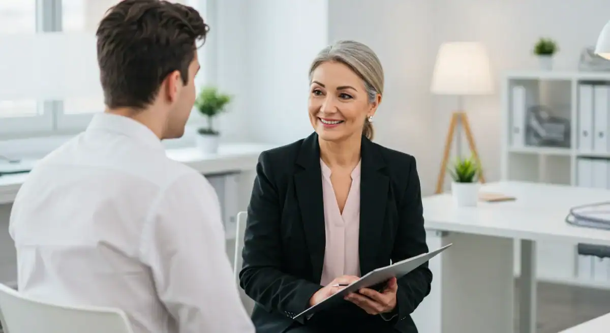 Corporate professional woman in a black blazer smiling at a man in a white shirt, holding a folder in a bright office.