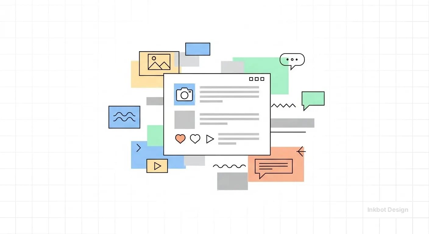 Social media post mockup with a blue photo icon, text lines, heart and play icons, and colorful surrounding blocks; Inkbot Design.