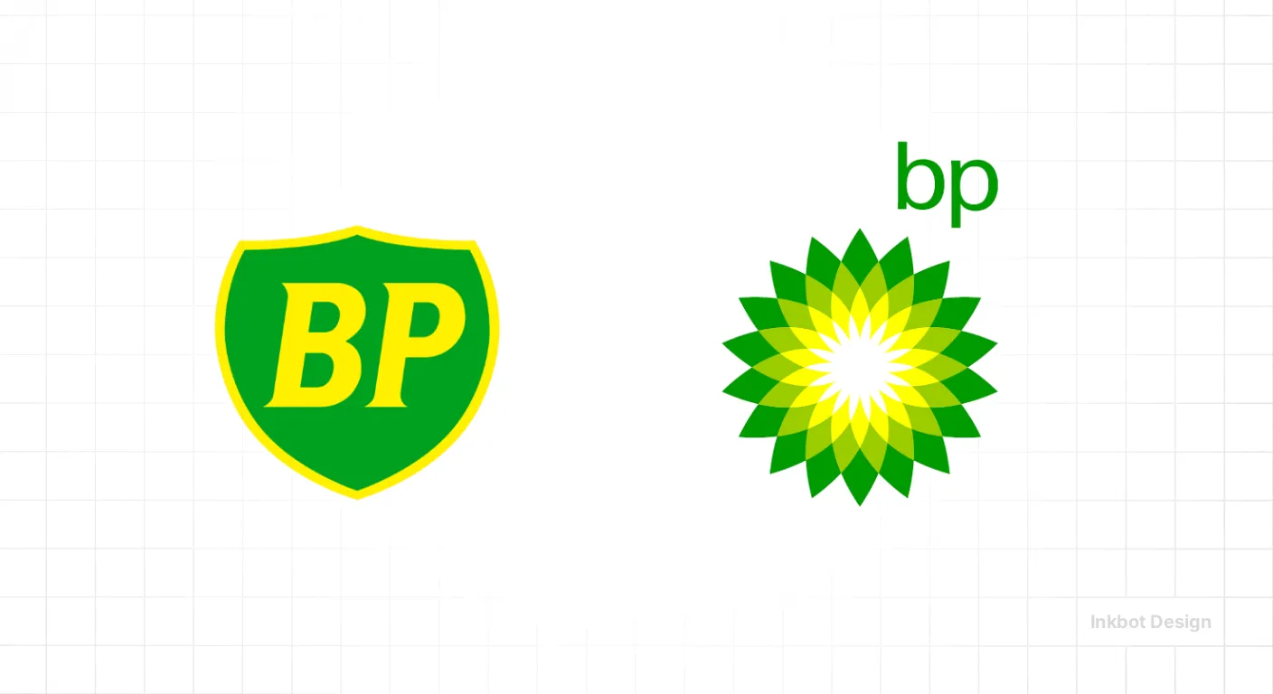 Two BP logos: left green shield with yellow BP letters, right green-yellow Helios sunburst with bp above.