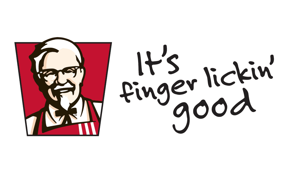 KFC logo featuring Colonel Sanders in a red trapezoid, retro cartoon style with handwritten slogan It