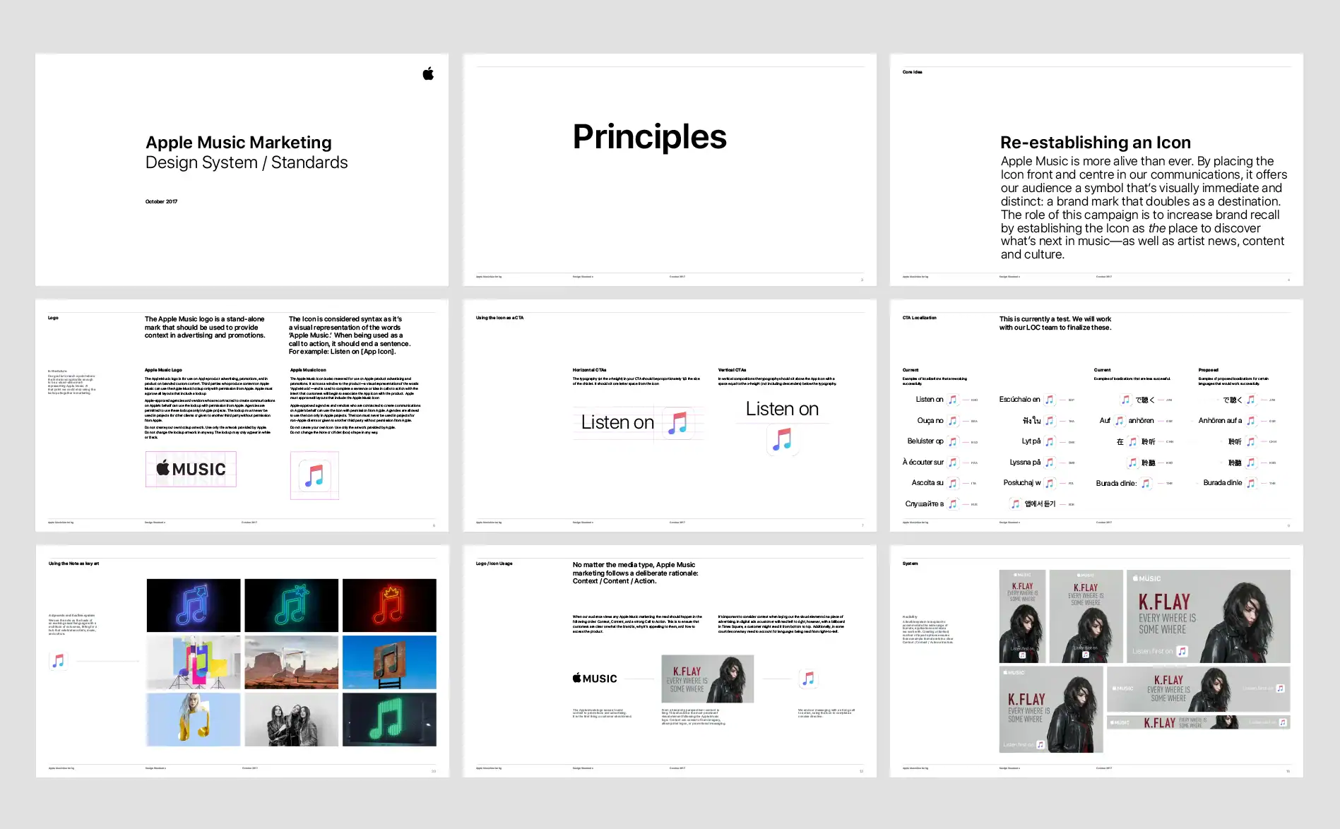 Apple Music Marketing Design System Standards, Principles section and icon usage guidelines.