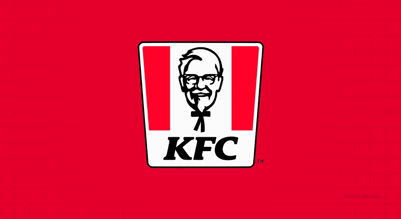 KFC logo featuring a bold, black-and-white stylized portrait between white panel and red vertical bars.