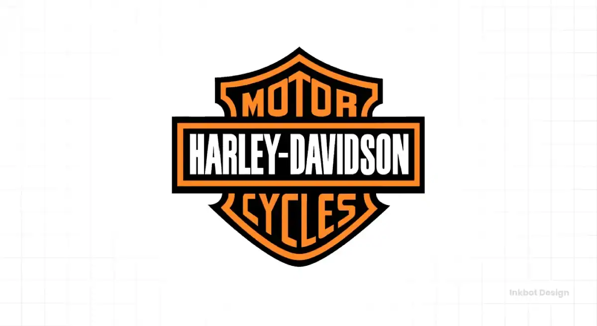 Harley-Davidson logo; vintage orange and black shield badge with HARLEY-DAVIDSON, MOTOR, CYCLES.