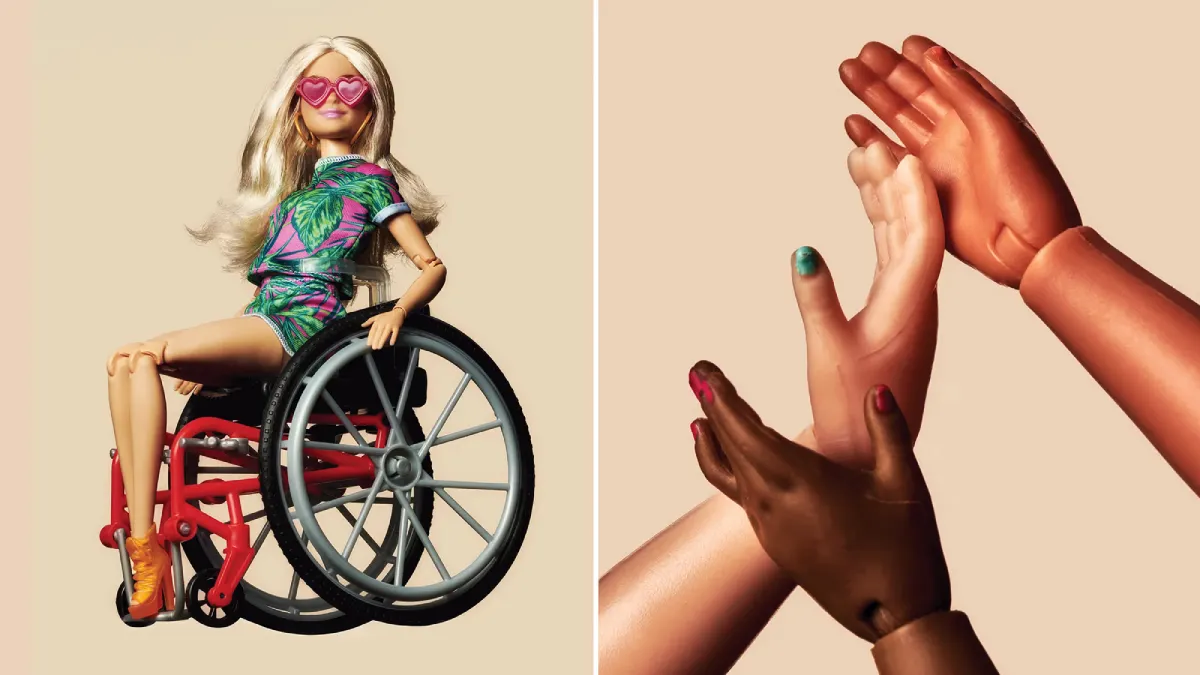 Barbie in a wheelchair wearing tropical print, pink heart sunglasses, upbeat design; multiple hands in tan hues clapping, diverse skin tones.