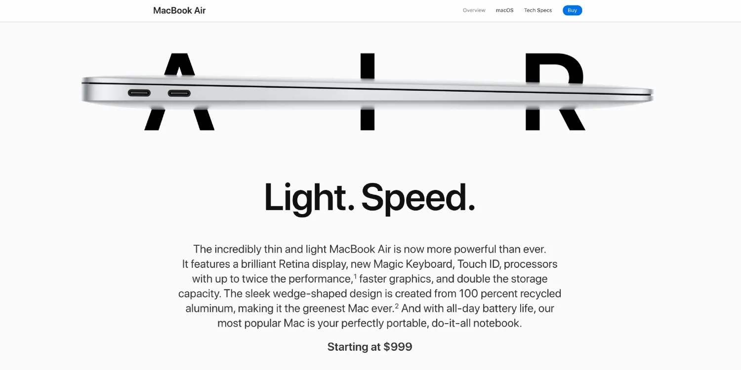 MacBook Air logo area with a slim silver laptop edge over the large Black text background “Light. Speed.” and descriptive product paragraph.