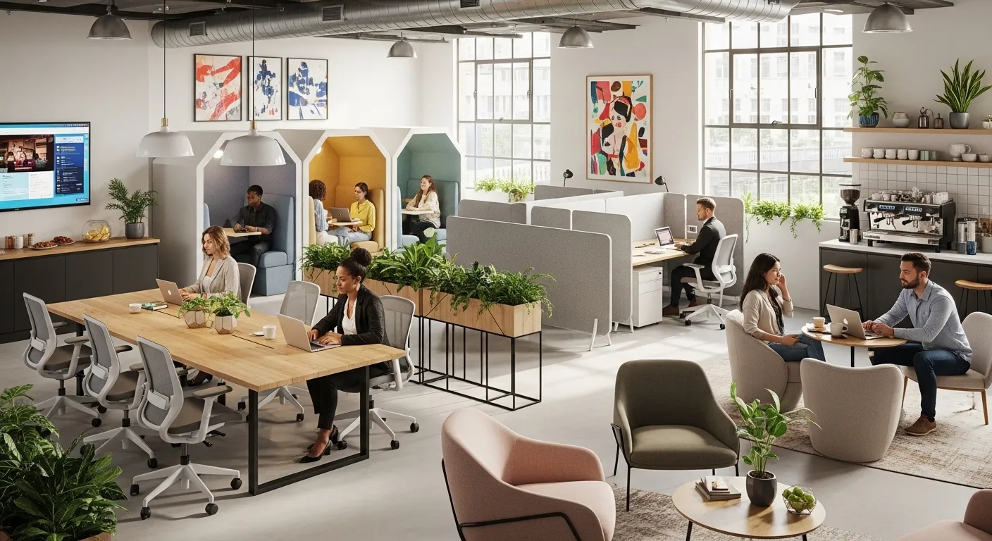 WeWork coworking space with open desks, private pods, plants, and a coffee bar in a bright, modern office.
