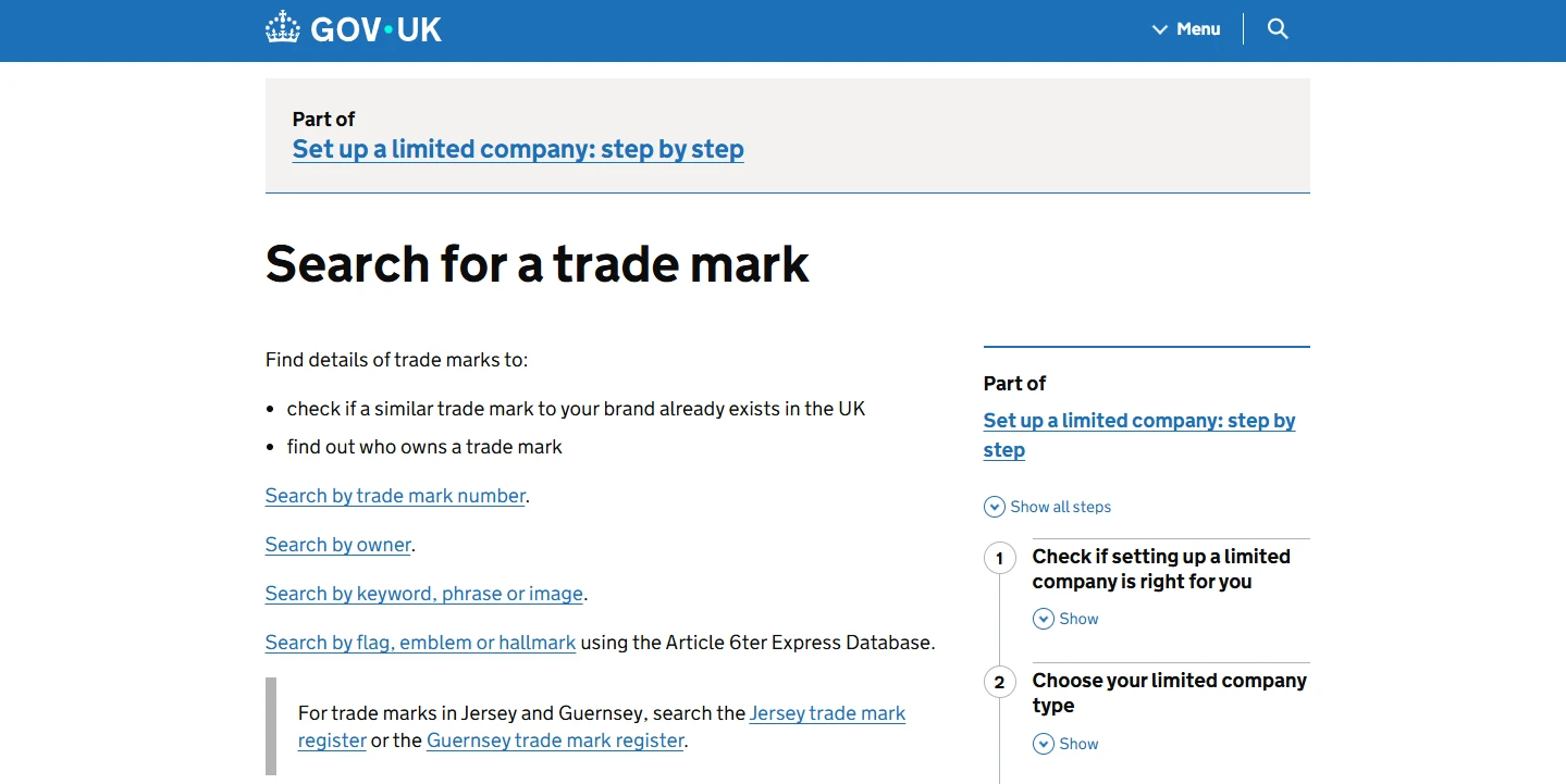 GOV.UK Search for a trade mark page with government blue header and right-hand step-by-step panel.