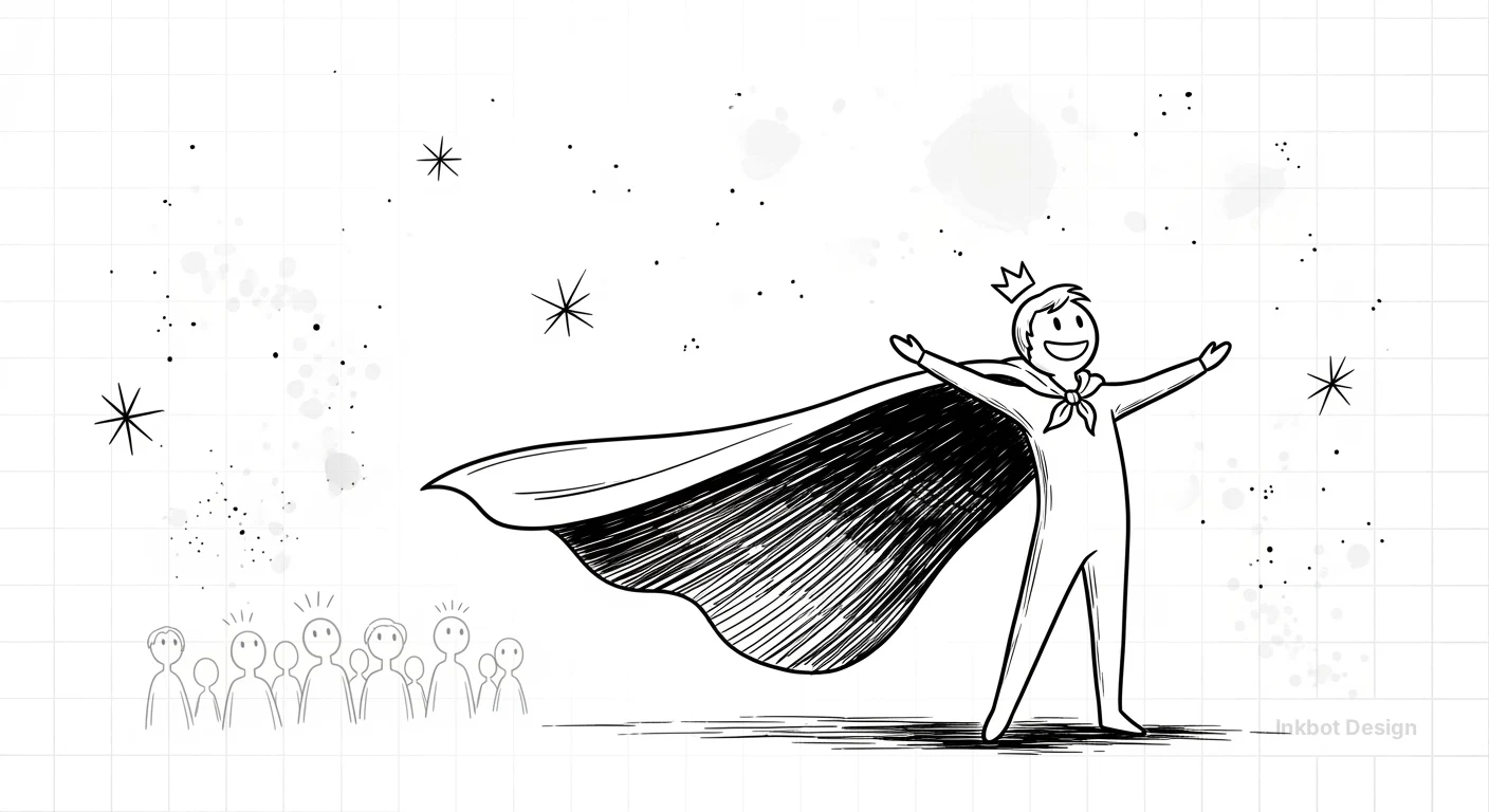 Inkbot Design crowned hero with cape, open-armed pose, crowd of stick figures, sketch-style line art.