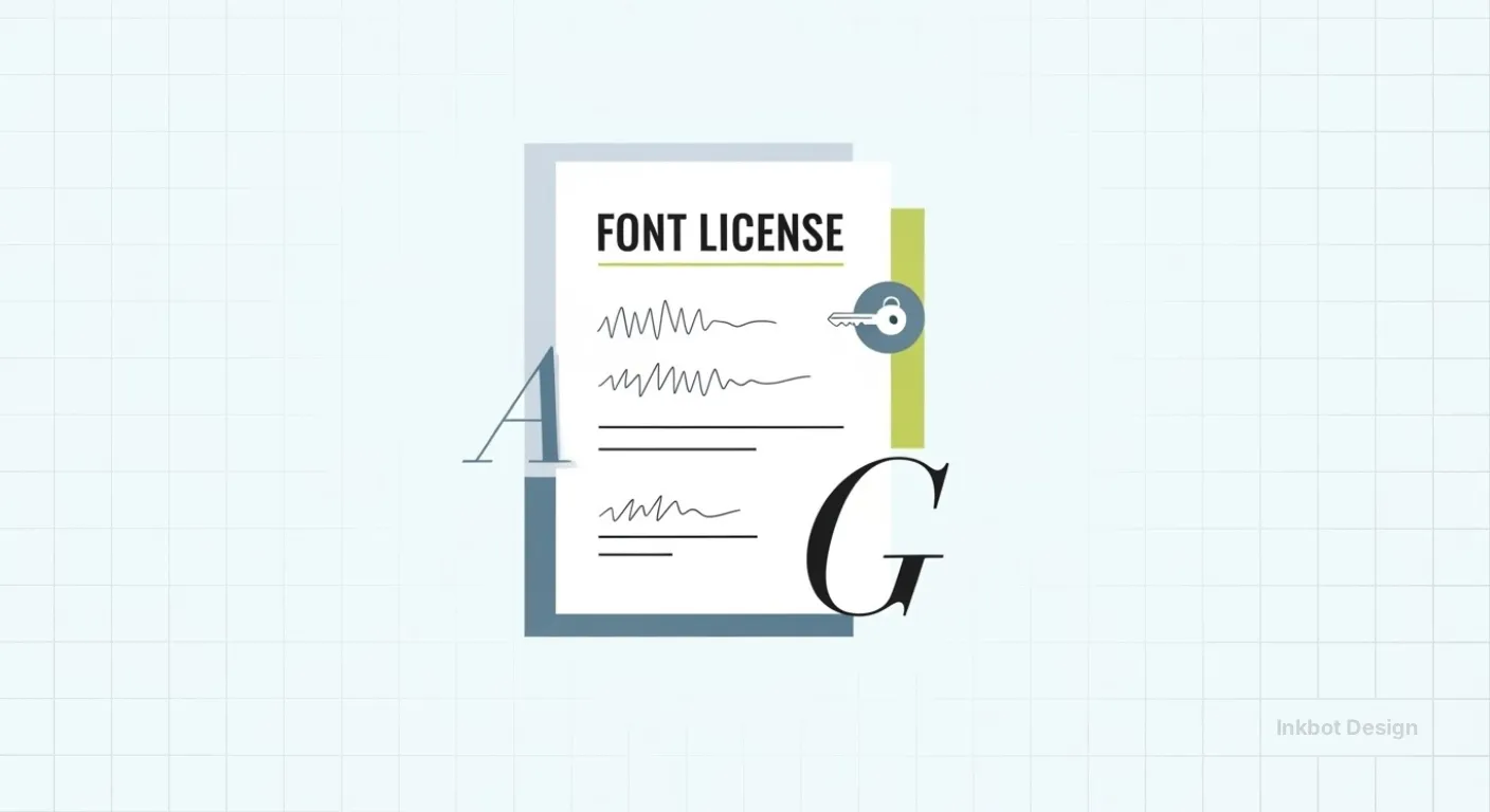FONT LICENSE document with scribbled lines, large A and G letters, a key icon, and Inkbot Design watermark.