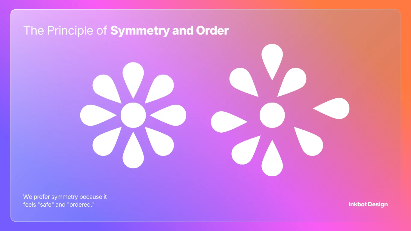 Inkbot Design poster The Principle of Symmetry and Order on a purple-pink gradient background with two white flower motifs.