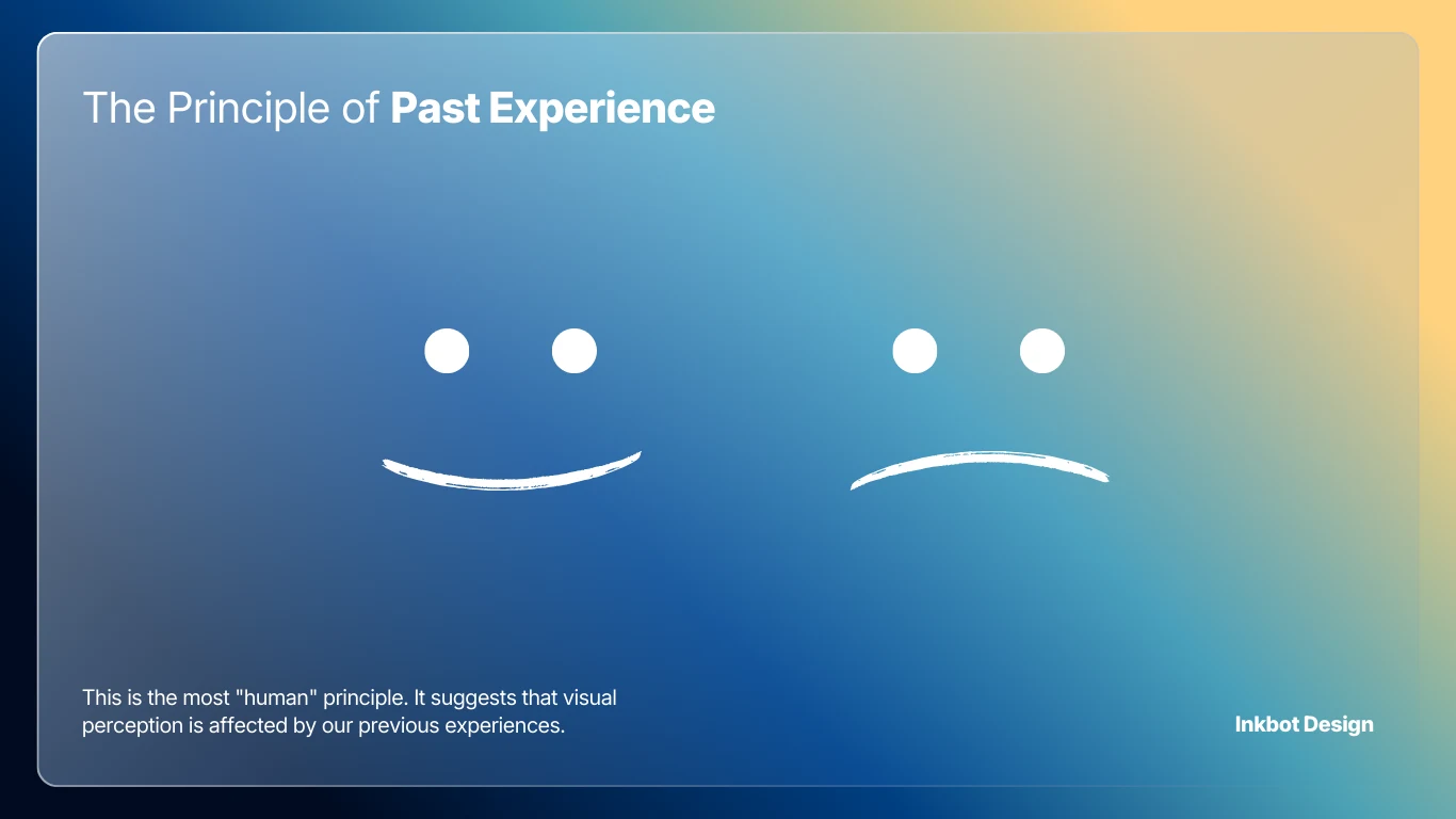 The Principle of Past Experience, gradient blue card with two eyes and a smile and a frown; Inkbot Design.