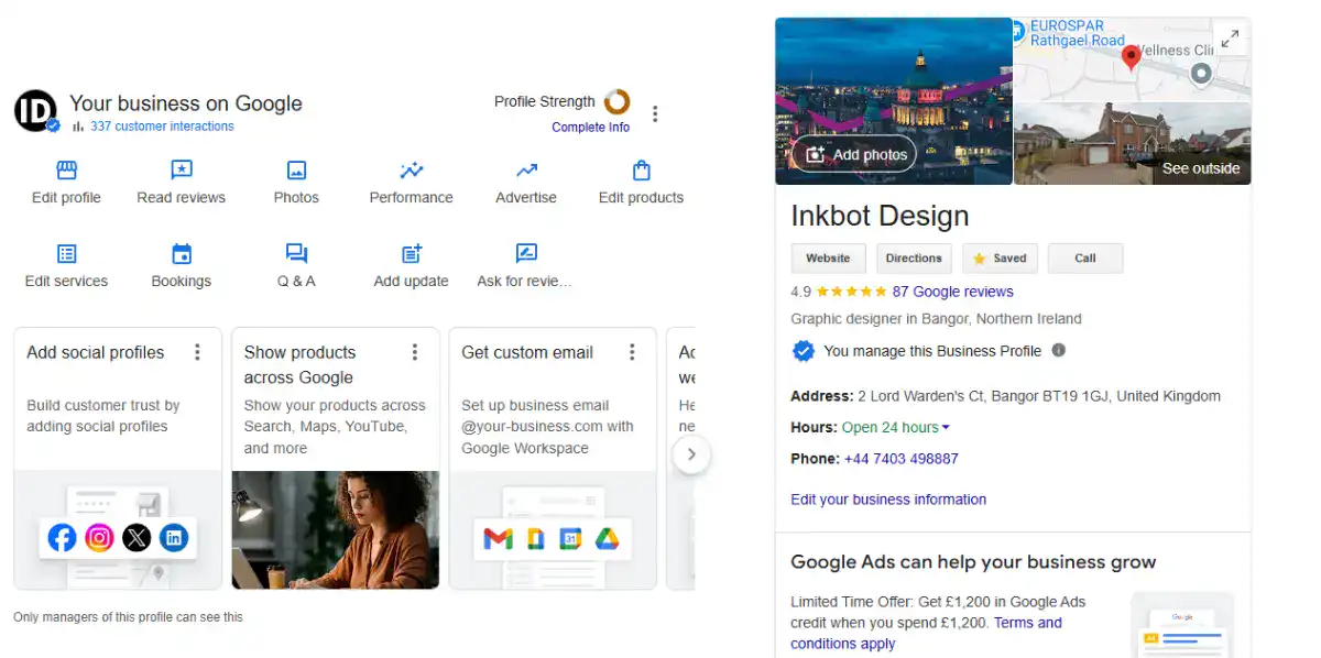Inkbot Design, Google Business Profile UI showing business details, ratings, and a dashboard alongside a profile grid.