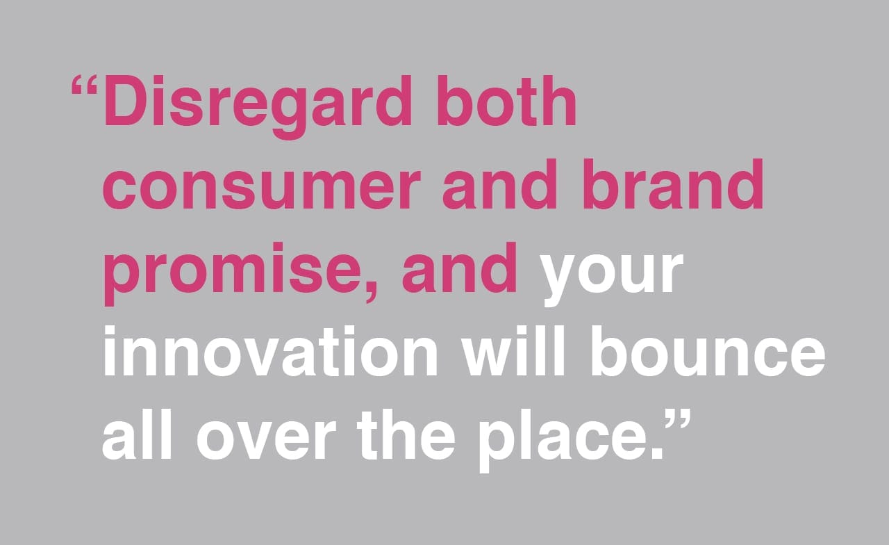 Quote on gray background: Disregard both consumer and brand promise, and your innovation will bounce all over the place.