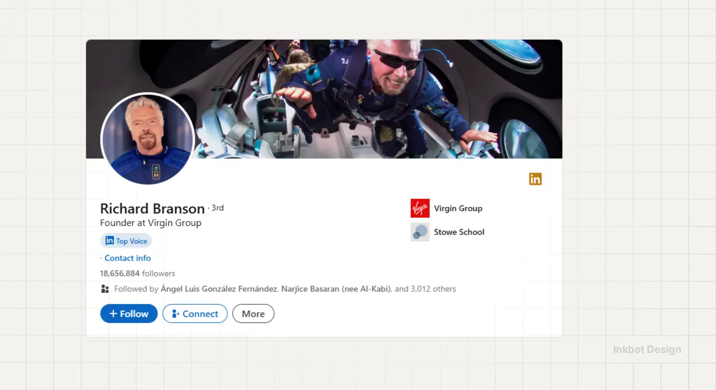 Richard Branson LinkedIn profile header with space-themed banner; Virgin Group, Stowe School affiliations.