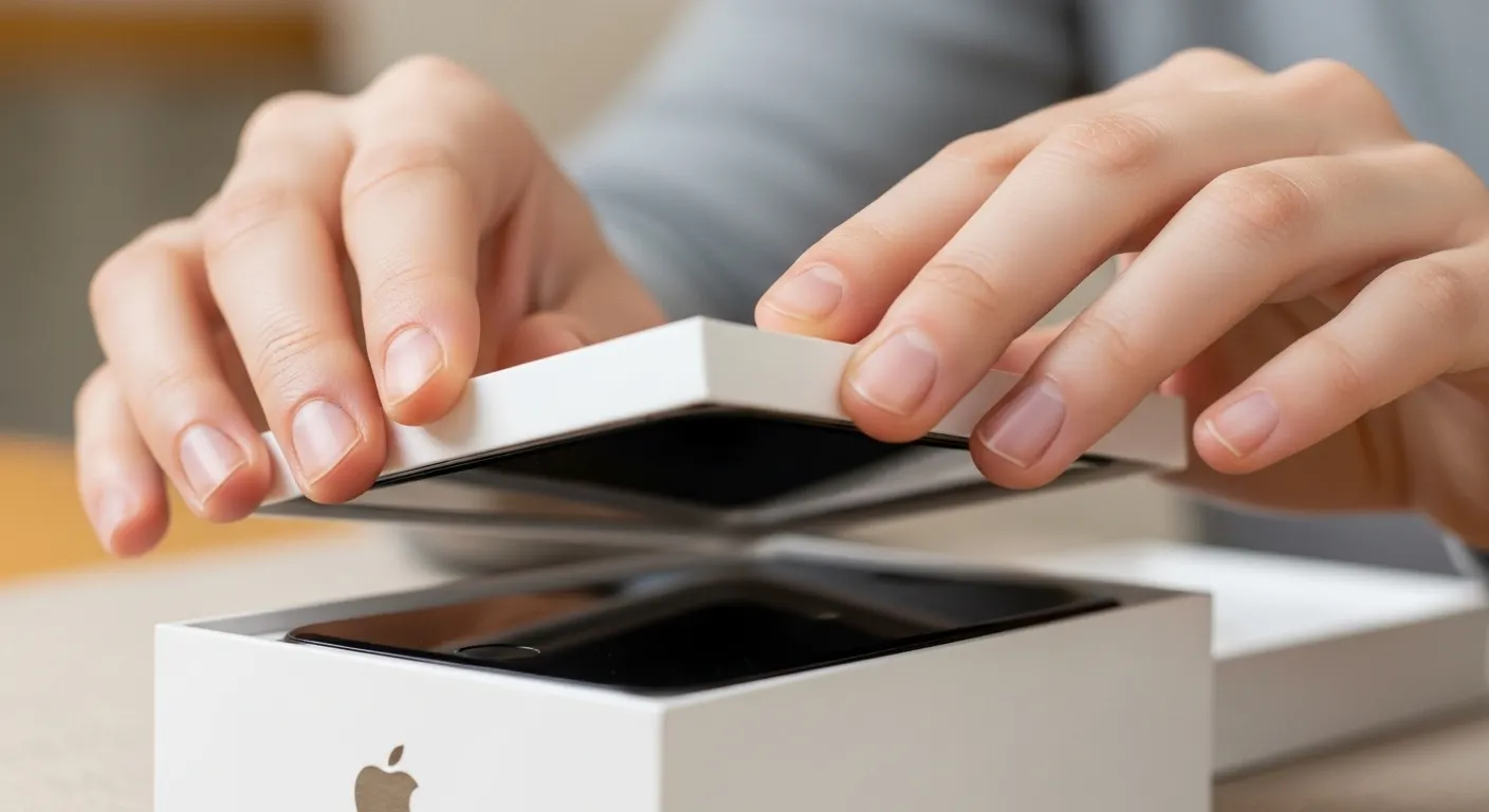 Apple iPhone packaging in a white minimalist box, hands lifting the lid in a modern unboxing scene.