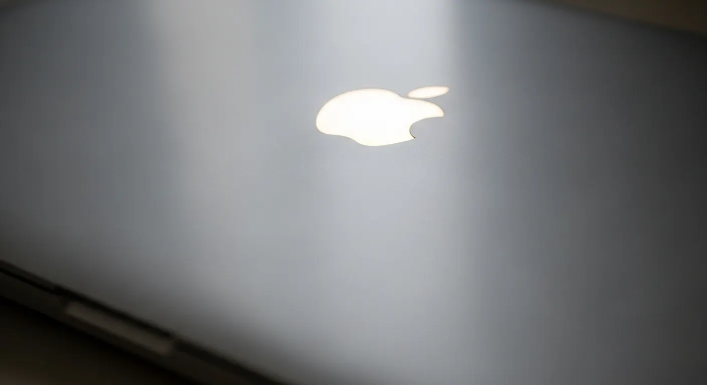 Apple logo on a silver MacBook lid, glowing, in soft focus.