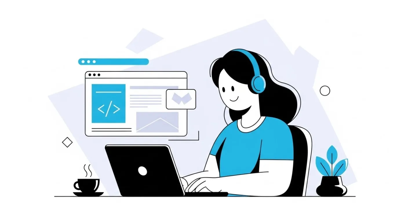 Cartoon person with blue shirt and headphones coding on a laptop; a blue code icon on the screen and a coffee cup nearby.