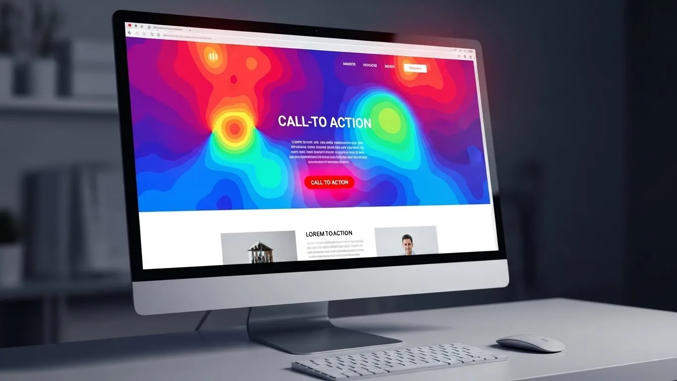 Colorful website hero on a desktop monitor showing CALL-TO ACTION and a red CTA button.