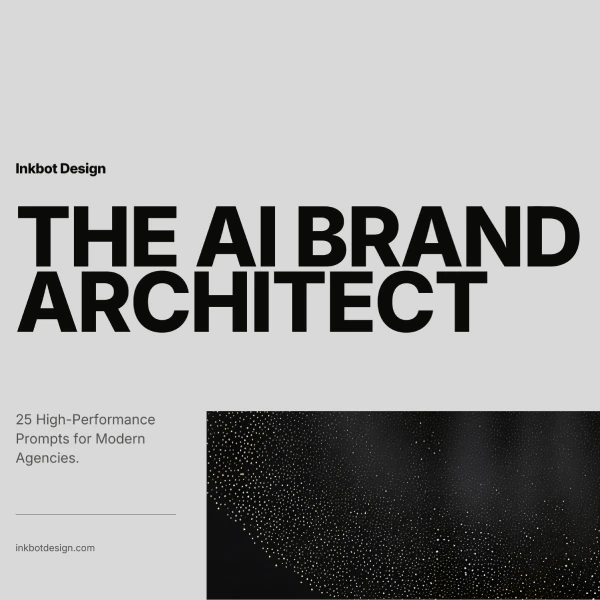 Inkbot Design: The Ai Brand Architect, Bold Poster-Style Typography With A Grayscale Layout And A Dotted Pattern Image.