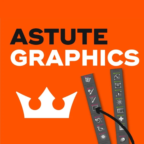 Astute Graphics Logo In Bold Black And White On Orange Background With Crown Icon And Vertical Tool Panels Indicating Design Software Branding.
