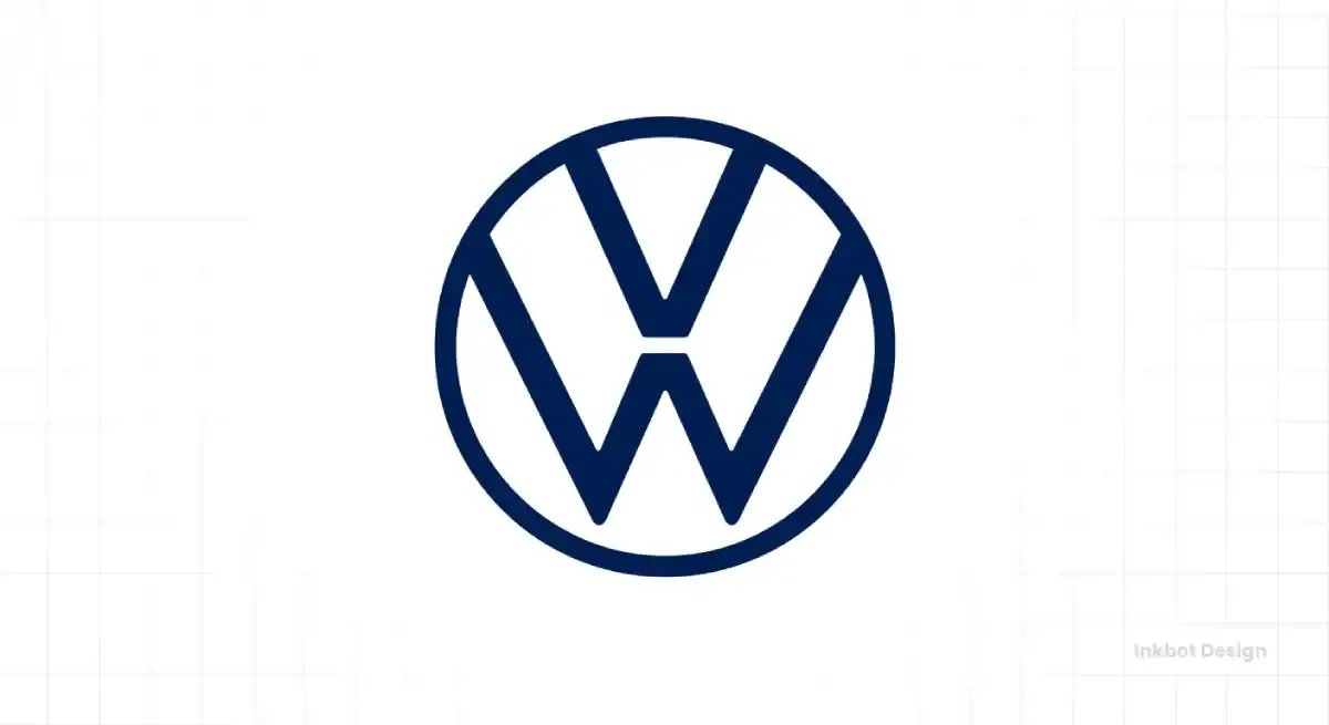 Volkswagen logo, circular navy VW emblem with bold intertwined letters, minimal modern design.