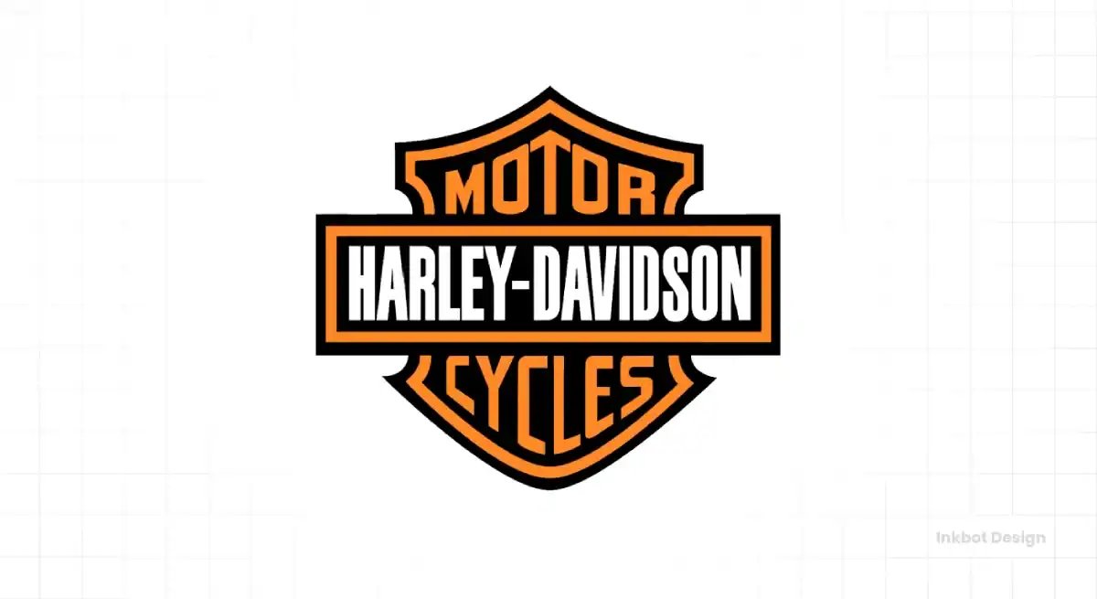 Harley-Davidson logo; vintage orange and black shield badge with HARLEY-DAVIDSON, MOTOR, CYCLES.