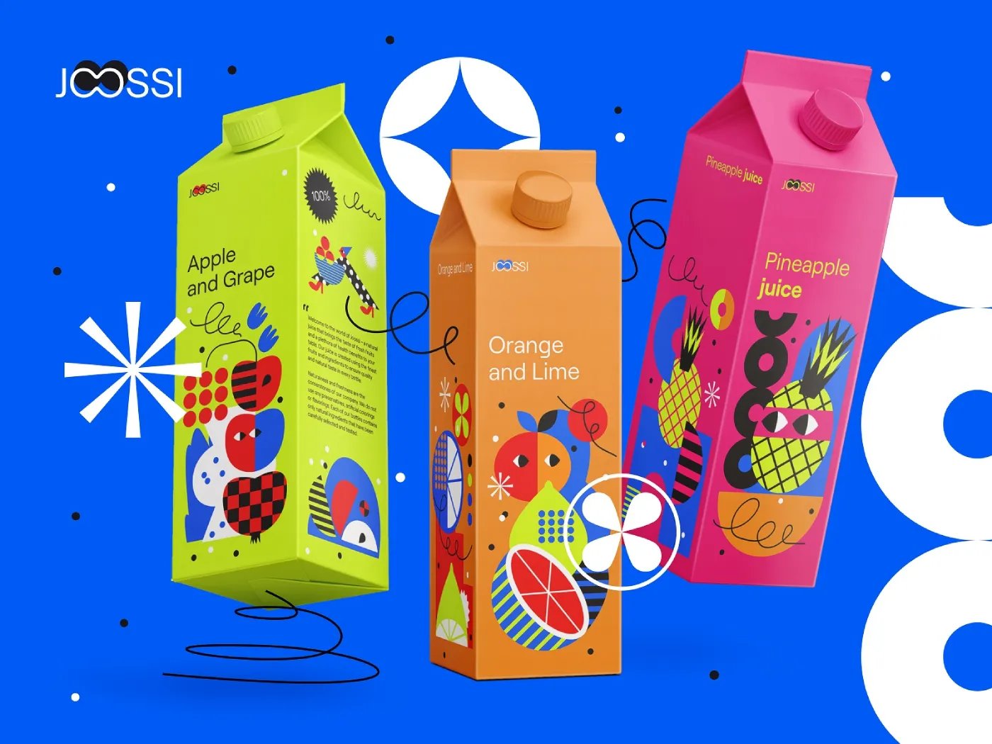 JOOSSI Apple and Grape green carton, Orange and Lime orange carton, Pineapple juice pink carton with bold graphics and brand marks.