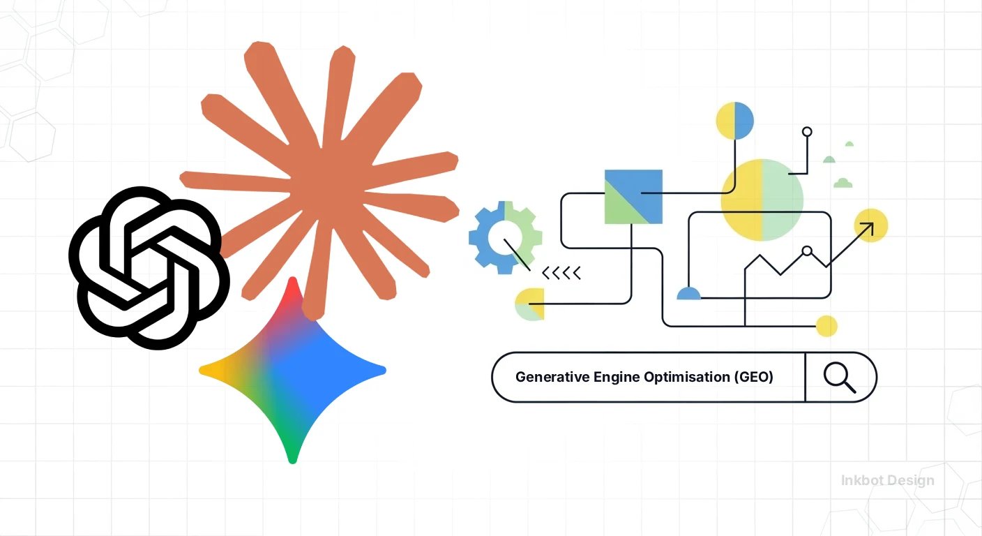 Generative Engine Optimisation (GEO) abstract infographic with gears, circuits and color shapes by Inkbot Design.