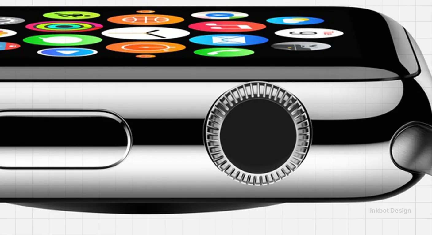 Apple Watch with colorful app icons on a black display, stainless steel body and digital crown, Inkbot Design watermark.