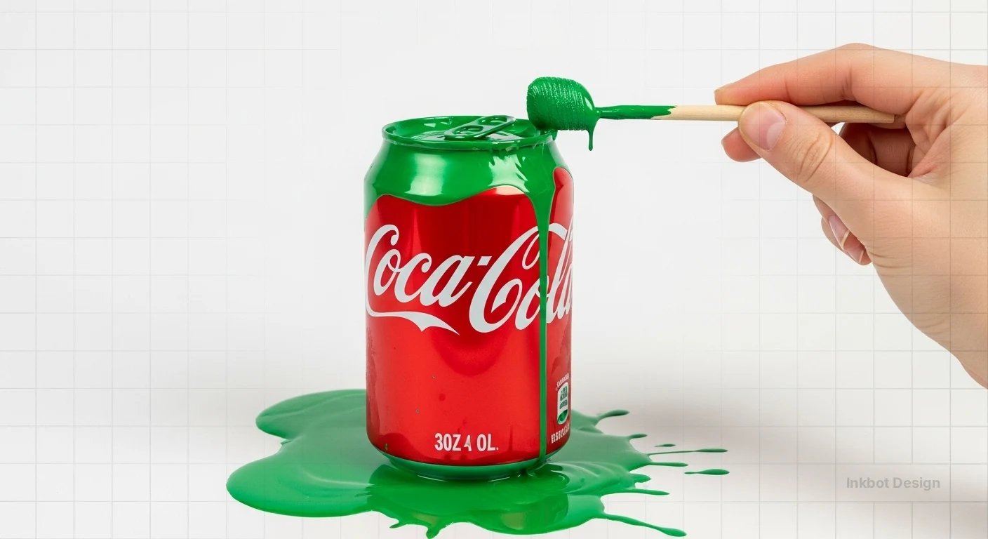 Coca-Cola can, red with white script, being painted green by a hand with a brush, green paint pooling on the white surface.