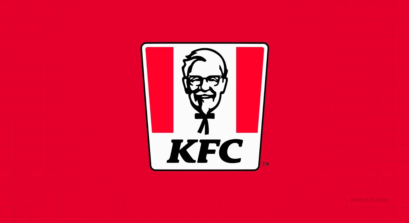 KFC logo featuring a bold, black-and-white stylized portrait between white panel and red vertical bars.