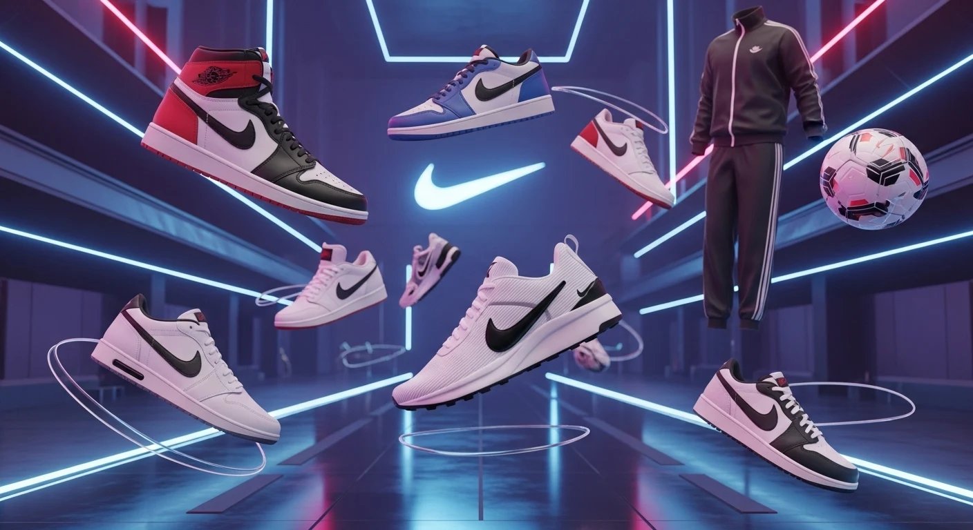 Nike sneakers floating in a neon-lit futuristic showroom.