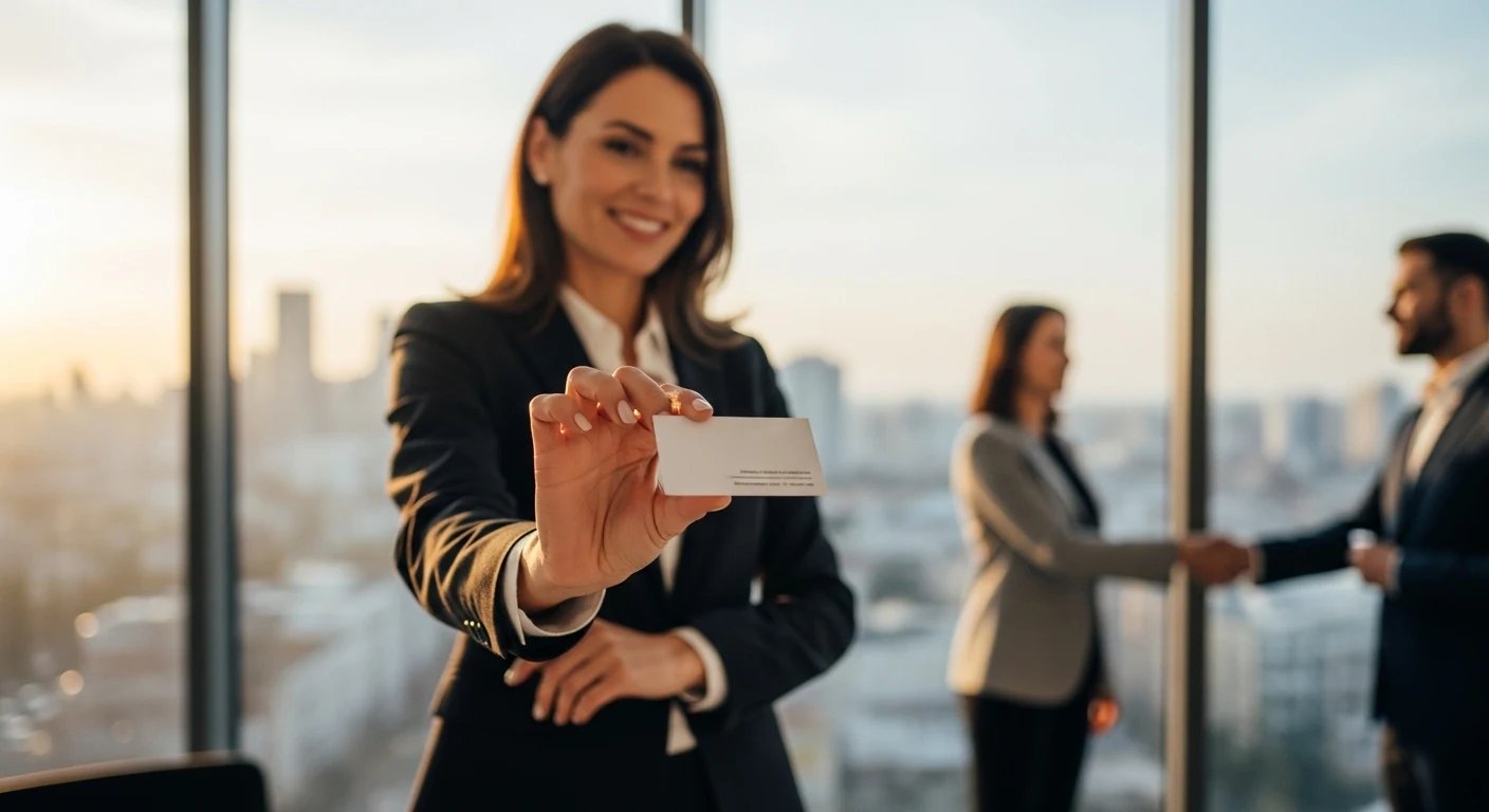 Businesswoman presenting a blank card in a modern office at sunset; blurred coworkers shake hands in the background.