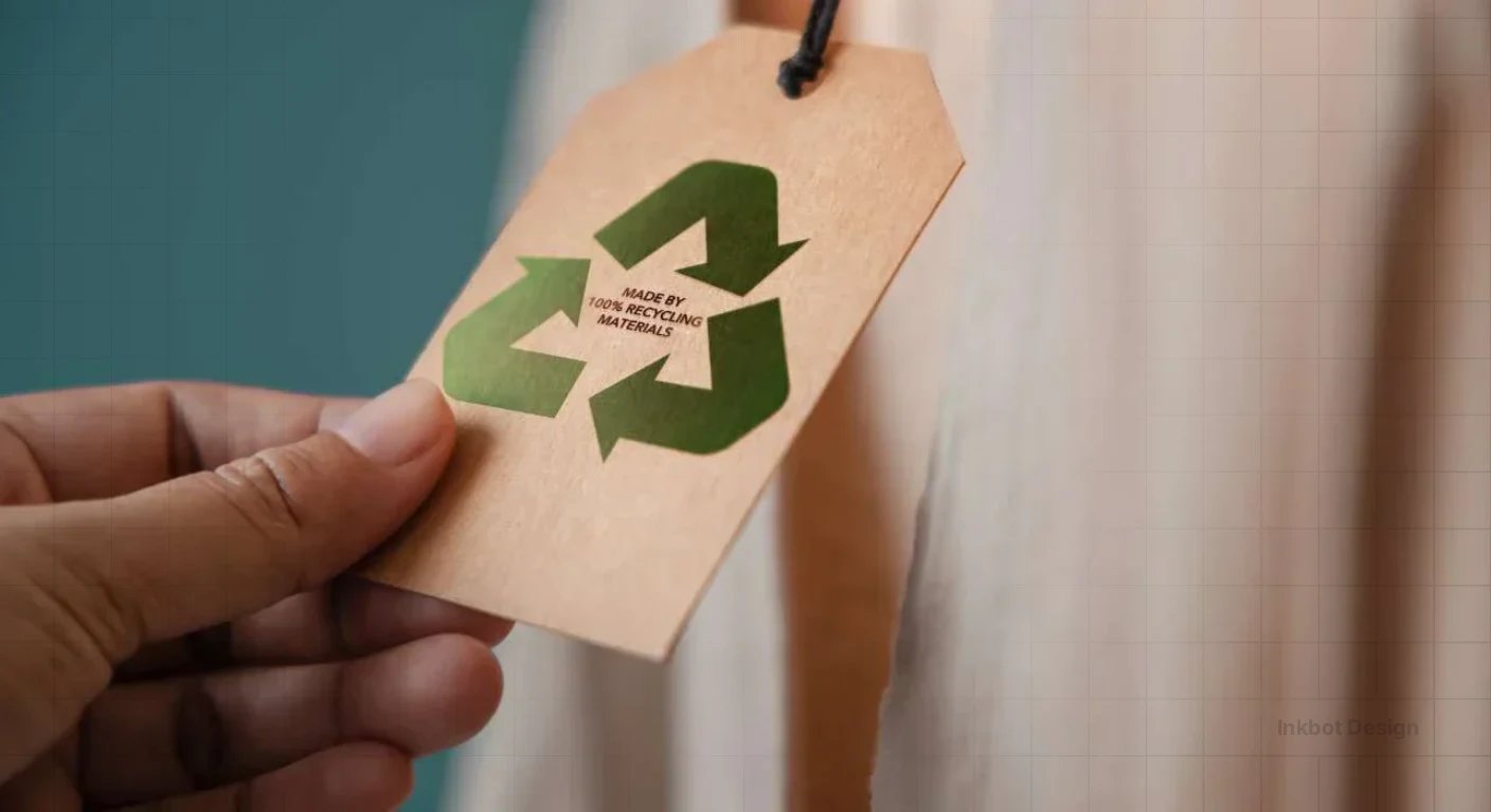 Recycling tag with a green three-arrow recycling symbol and MADE BY 100% RECYCLING MATERIALS.