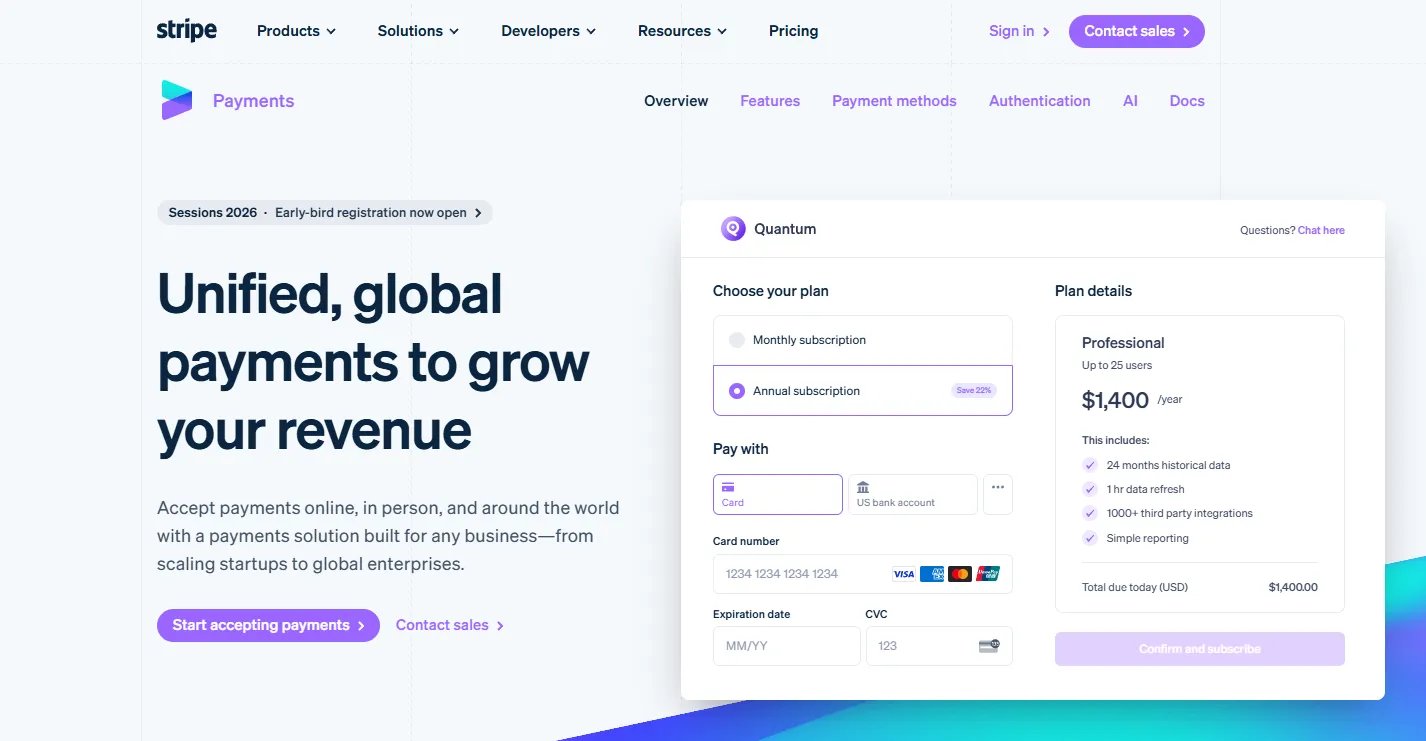 stripe, unified global payments landing page with a split hero layout and a floating Quantum plan panel.