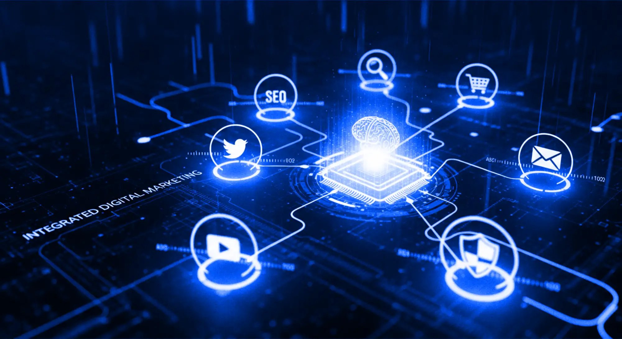 Integrated Digital Marketing, Blue Neon Network Design With Central Glowing Chip And Icons For Seo, Twitter, Email, Cart.