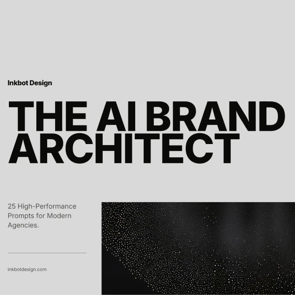 Inkbot Design: The Ai Brand Architect, Bold Poster-Style Typography With A Grayscale Layout And A Dotted Pattern Image.