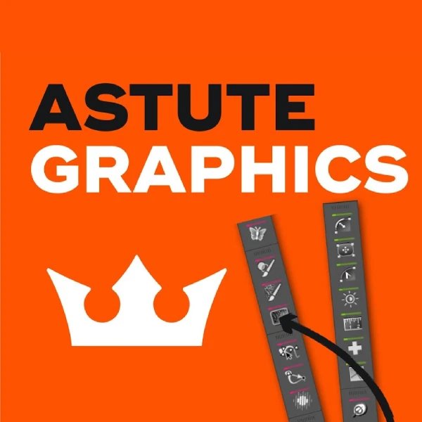 Astute Graphics Logo In Bold Black And White On Orange Background With Crown Icon And Vertical Tool Panels Indicating Design Software Branding.