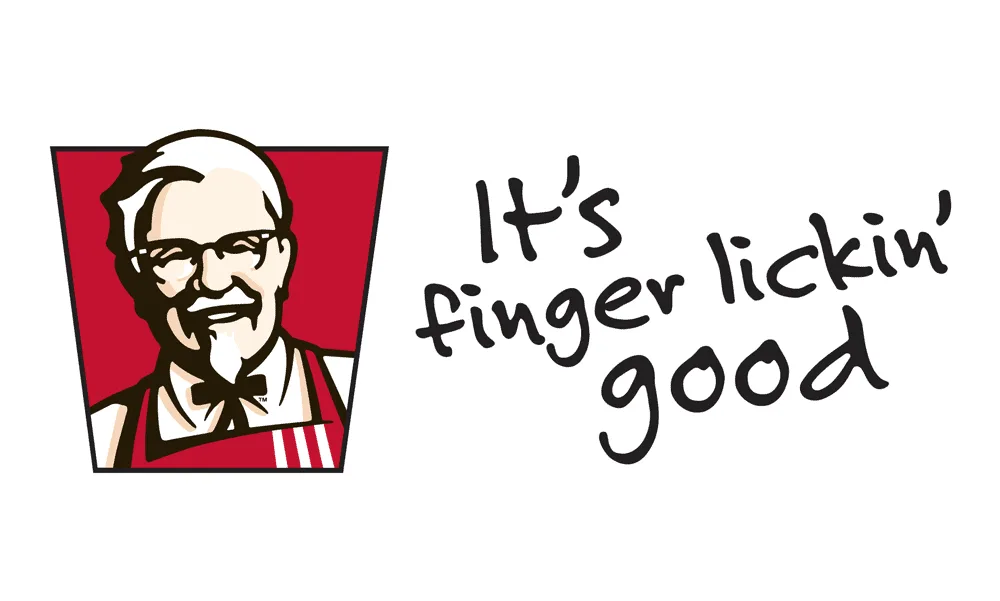 Kfc Logo Featuring Colonel Sanders In A Red Trapezoid, Retro Cartoon Style With Handwritten Slogan It's Finger Lickin' Good.