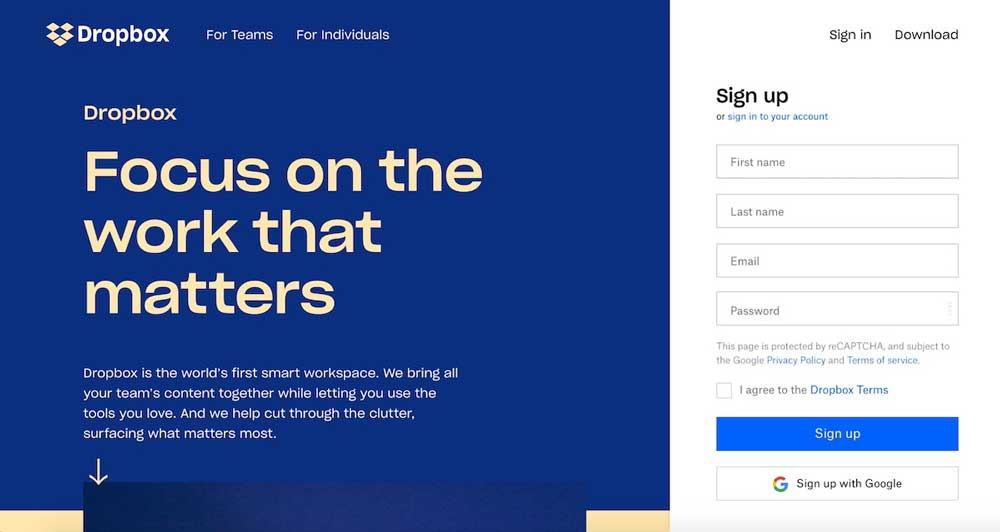 Dropbox Landing Page Design
