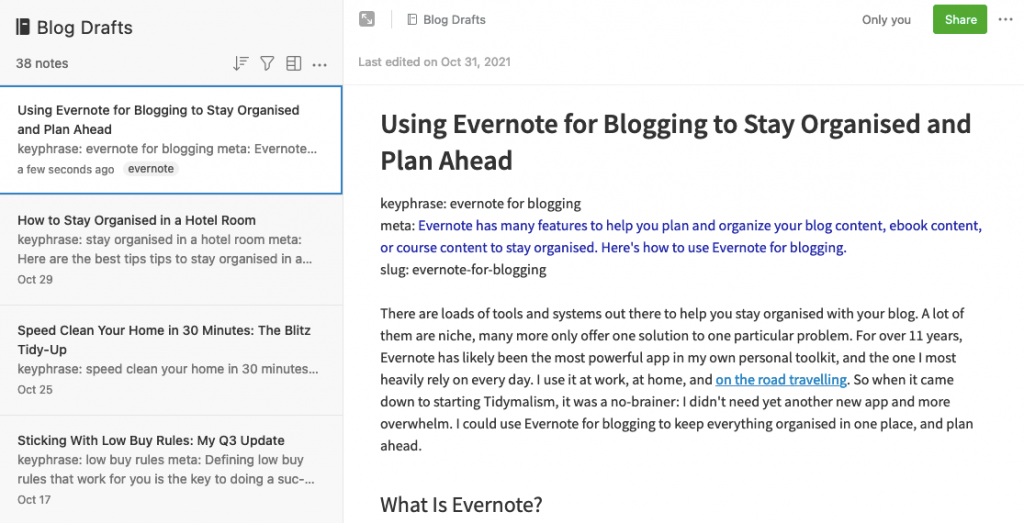 Drafting A Blog Post In Evernote